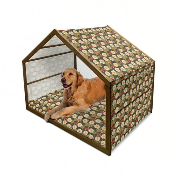 East Pet House, Japanese Carp Koi Fish with Lotus Flowers East Culture Nature, Outdoor & Indoor Portable Dog Kennel with Pillow and Cover, 5 Sizes, Burnt Sienna Orange, by Ambesonne