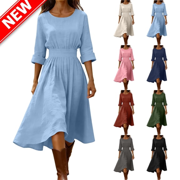 Taqqpue Women Maxi Dress Casual Solid Color Crewneck A Line Dress Flowy Swing Puff 3/4 Sleeve Beach Vacation Sundress
