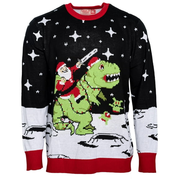 Santa Claus Riding T-Rex on Moon Pixelated Funny Ugly Christmas Sweater Multicolor