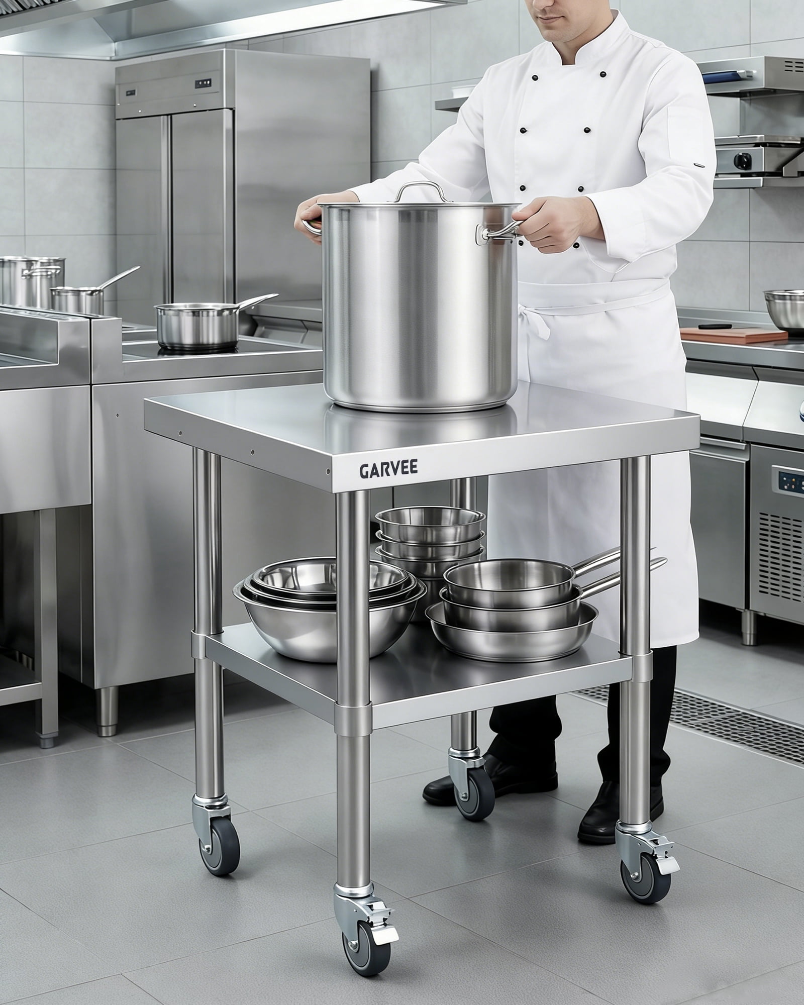 Stainless Steel Work Table, 30x30 Inch Commercial Food Prep Worktable with Wheels, Detachable 3-Sided Backsplash & Height-Adjustable Shelf for Kitchen Restaurant Garage
