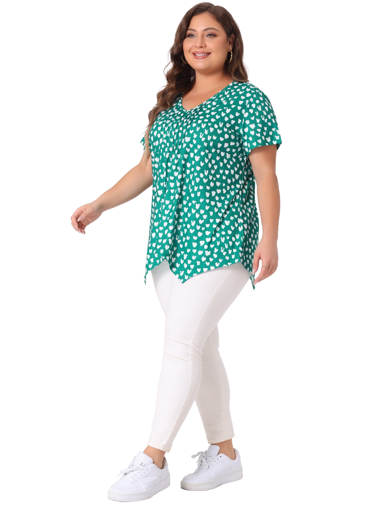 Unique Bargains Women's Plus Size V Neck Pintuck Short Sleeve Polka Dots Top 4X Dark Green
