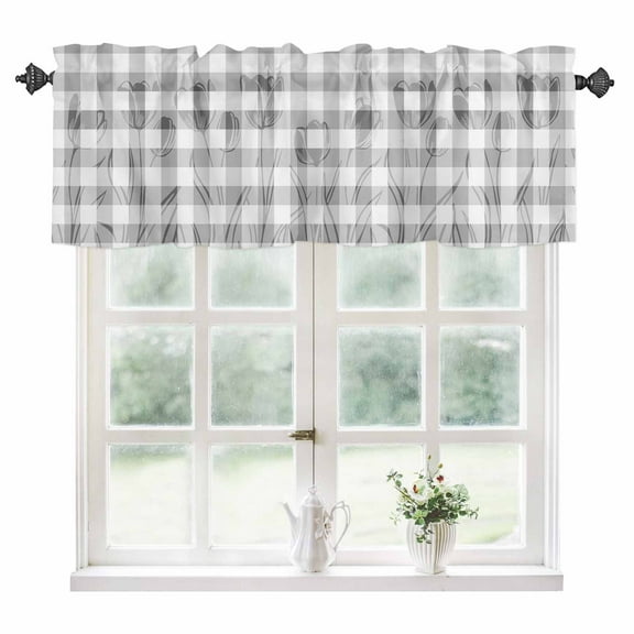 Grey Flower Kitchen Valances for Windows 42x12 Inch Kitchen Curtains Valances Rod Pocket Elegant Plaid Floral Lattice Botanical Bathroom Window Valances for Window Treatment Decor