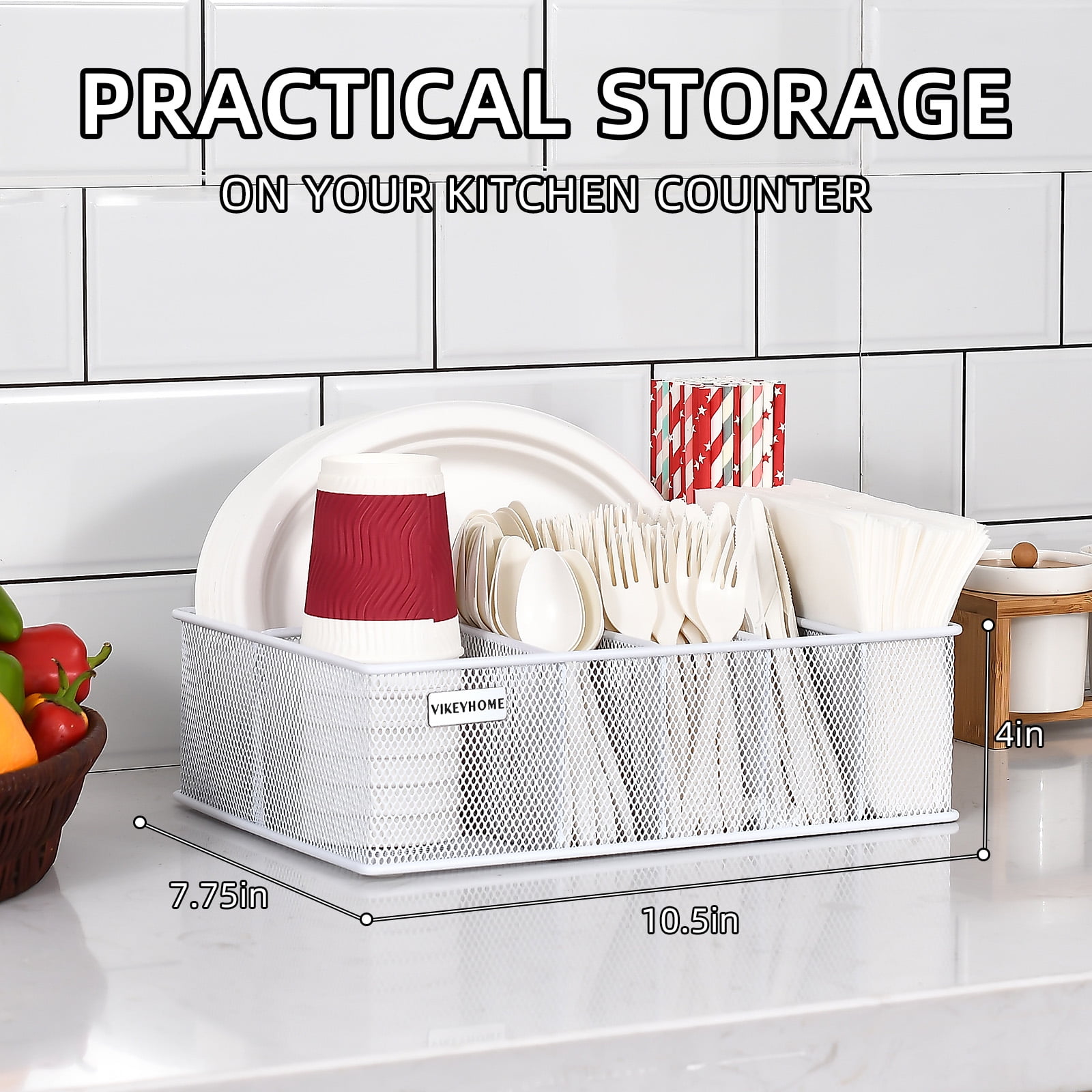 Paper Plate Organizer for Countertop, Metal Silverware Caddy with 6 Compartments for Plate, Cup, Napkin, Paper Plate and Utensil Holder Caddy for Party, Camping, Picnic
