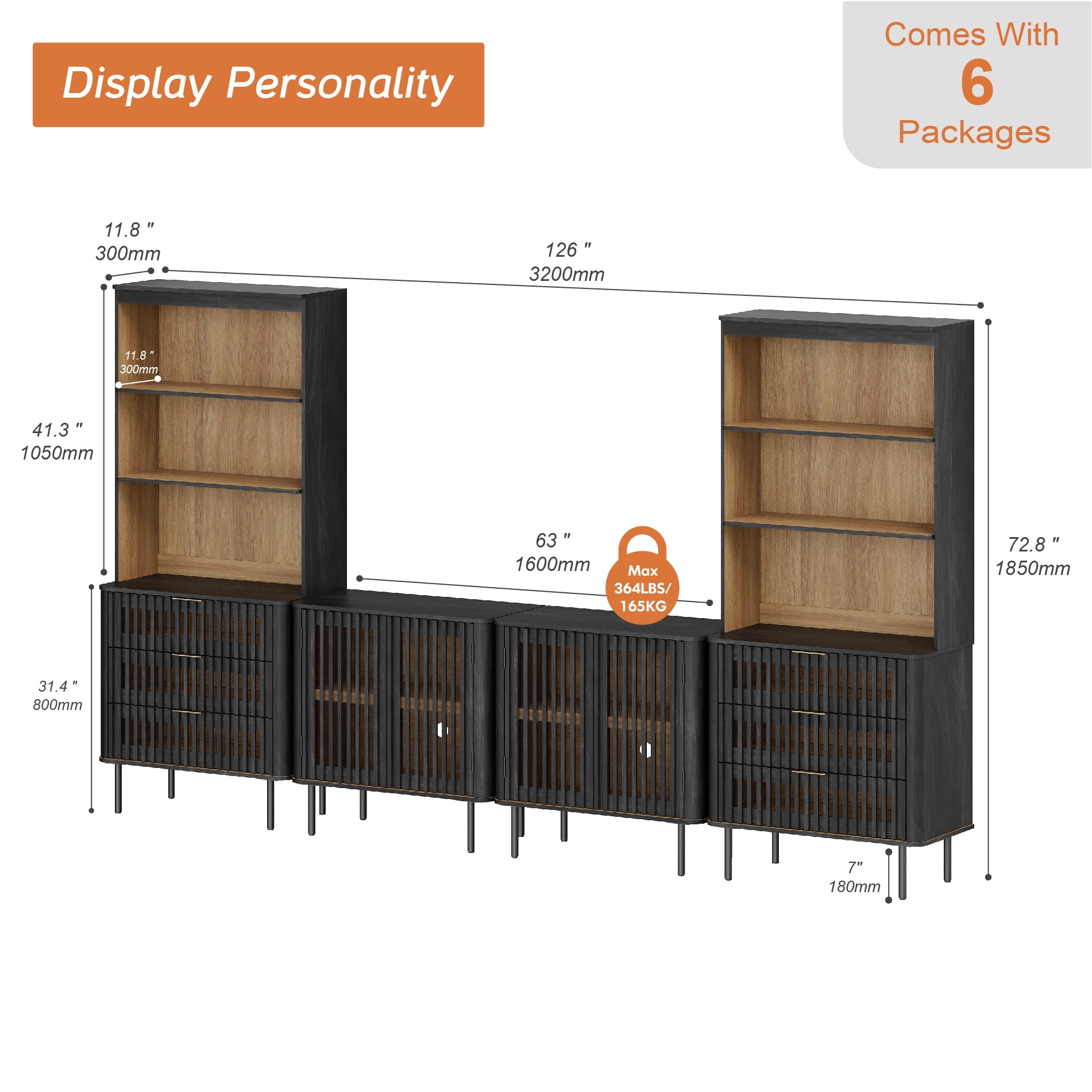 WAMPAT 72.8" Tall Bookshelf with Doors and Drawers, Modern Bookcase with Storage, Adjustable Shelves, Wood Storage Cabinet, Black