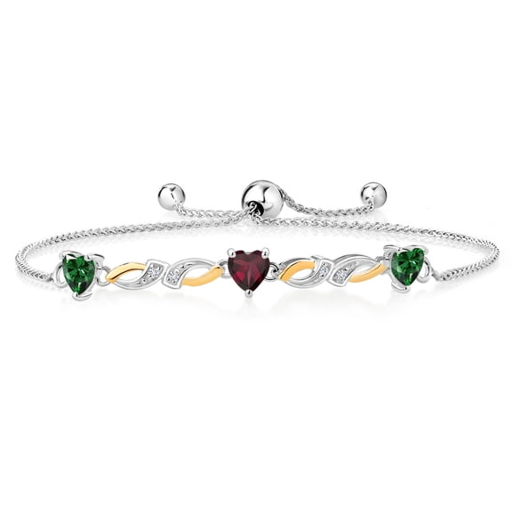 Gem Stone King 1.58 Ct Heart Shape Green Nano Emerald Red Rhodolite Garnet 925 Silver and 10K Yellow Gold Lab Grown Diamond Bracelet for Women