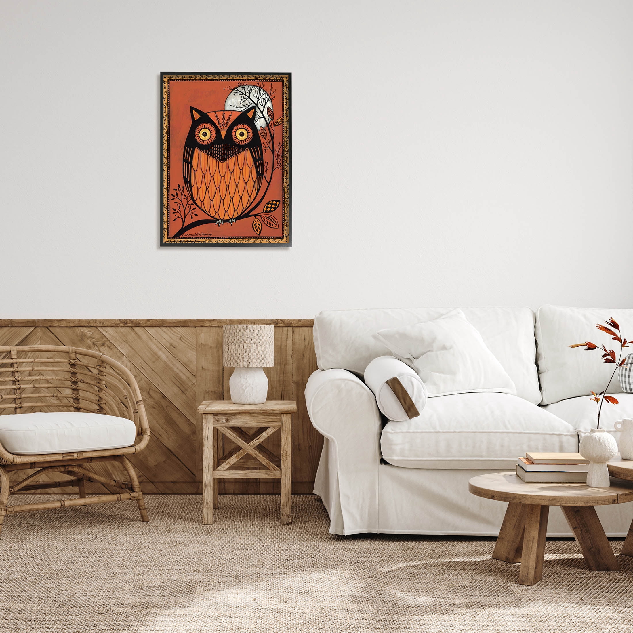 Round Owl Autumn Botanical Border Holiday Graphic Art Black Framed Art Print Wall Art