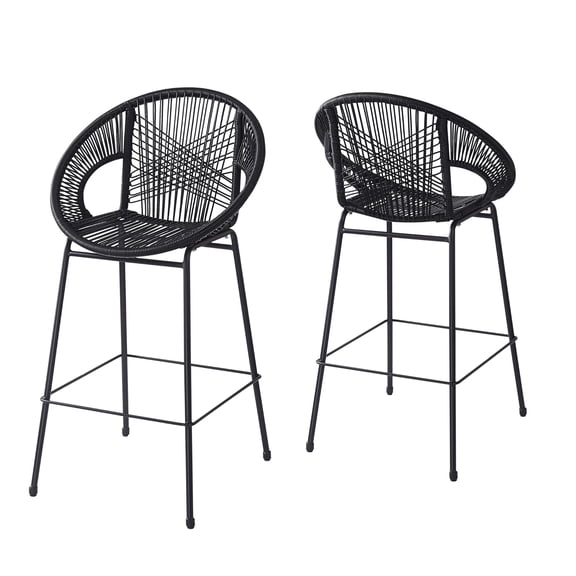 Outdoor PE Wicker Bar Stools Set Of 2 Teal Rattan Bar Chairs Black Frame Ergonomic For Kitchen Patio Balcony Easy Assembly