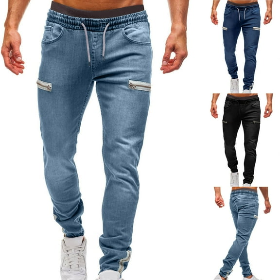 RYDCOT Mens Elastic Waist Jeans Slim Fit Men's Jeans with Elastic Waist with Zippe Light Blue