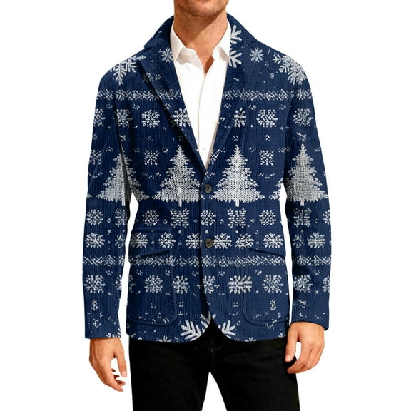 Dwelliawo Christmas Jacket for Men Tree Print Xmas Graphic Suits Corduroy Single Breasted One Button Jacket Party Holiday Blazers Slim Fit Business Coat Royal Blue L