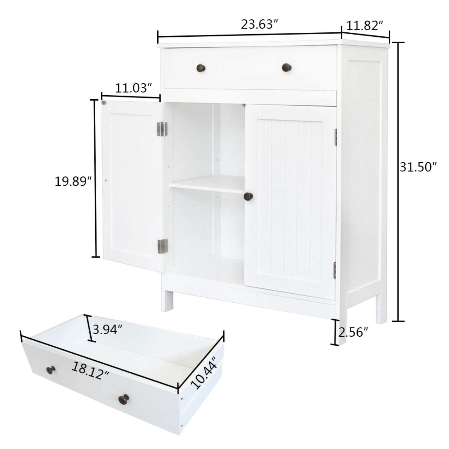 Hassch Multi-Purpose Freestanding Cabinet w/ Storage Drawer, Classic White MDF Cabinet with Double Doors & Bronze Handle, for Bathroom Dining Room Porch