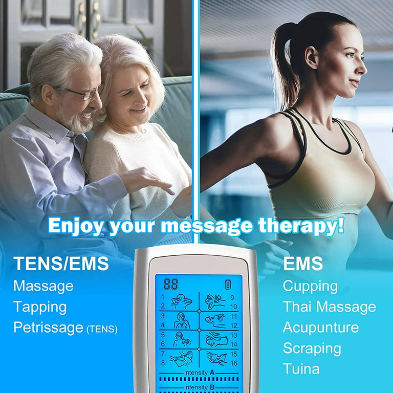 Easy@Home Rechargeable TENS Unit + EMS Muscle Stimulator, 2 Independent  Channels, 20 Intensity Levels, 8 Massage Types+16 Modes, 510K Cleared FSA
