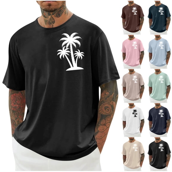 NuoCaiYun T-Shirt Men'S Drop-Shoulder Short-Sleeve Crew Neck Pullover with Coconut Tree Hawaiian Print for Sports and Fitness