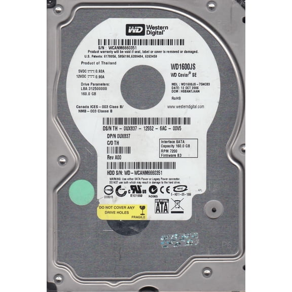 WD1600JS-75NCB3, DCM HSBANTJAAN, Western Digital 160GB SATA 3.5 Hard Drive
