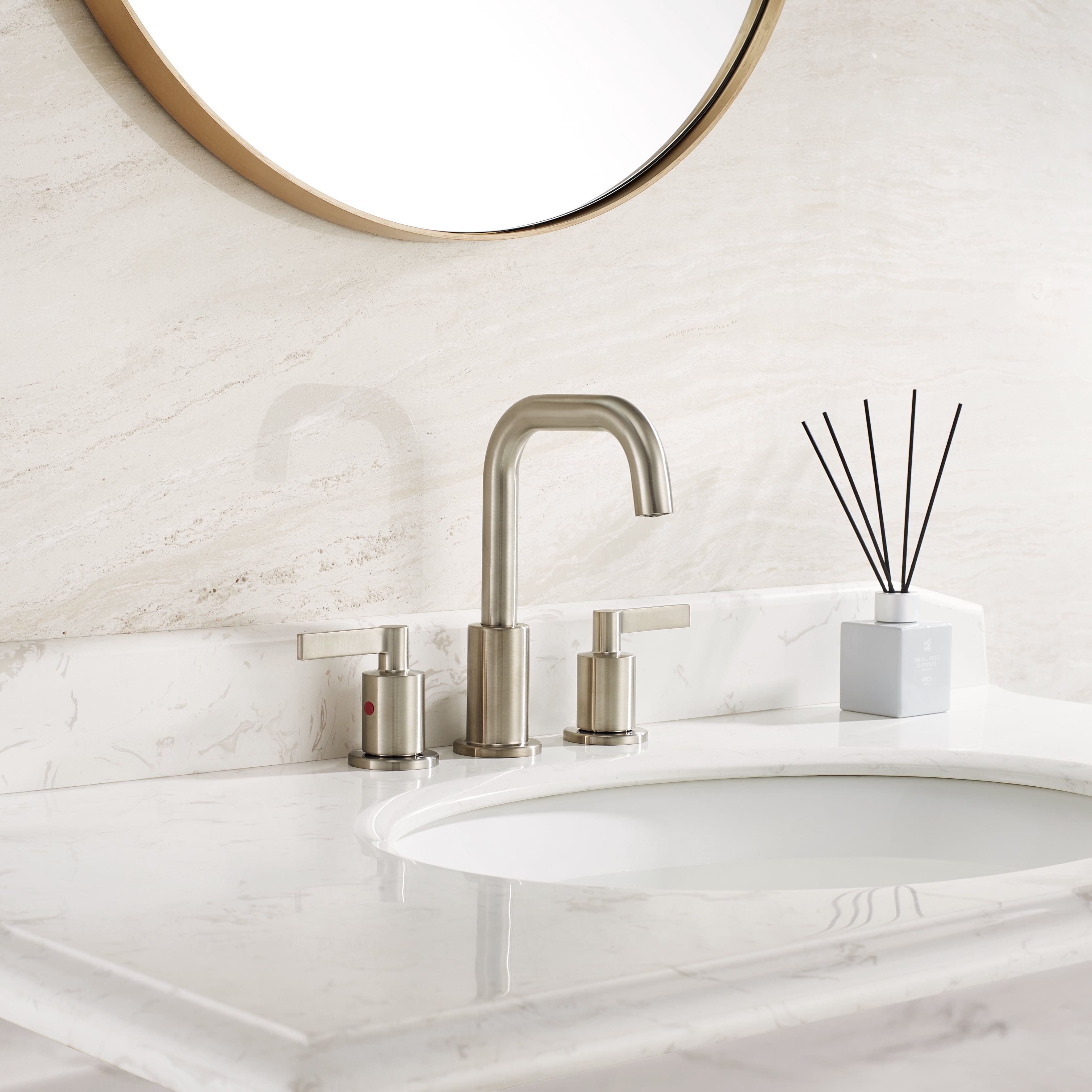 TimeArrow Brushed Nickel 2 Handle 8 inch Widespread Bathroom Faucet with Pop-Up Drain, Vanity Lavatory Faucet for Sink 3 Hole with Brass 360 Degree Swivel Spout