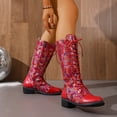 thumbnail image 3 of Rokment Womens Bling Sequin Patchwork Knee High Combat Boots Retro Leather Pointed Toe Chunky Low Heels Mid Calf Riding Dress Long Booties, 3 of 8
