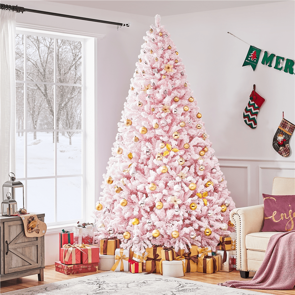 Renwick 9Ft Pre-lit Flocked Artificial Christmas Tree with Foldable Stand, Pink