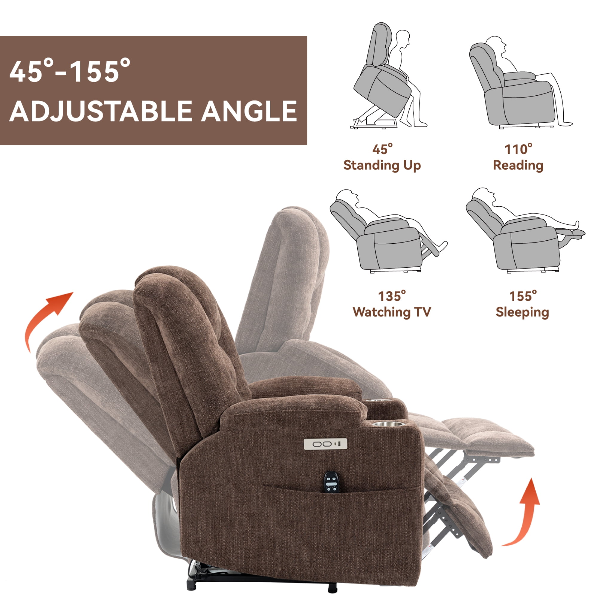 Large Power Lift Recliner Chair with Massage and Heat for Elderly,Chenille Overstuffed Wide Recliners with USB and Type C Ports, 2 Steel Cup Holders,Brown