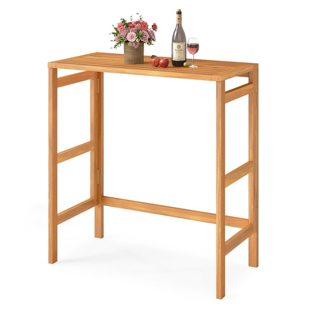 Gymax Acacia Wood Outdoor Bar Table w/Slatted Tabletop for Balcony Backyard Garden
