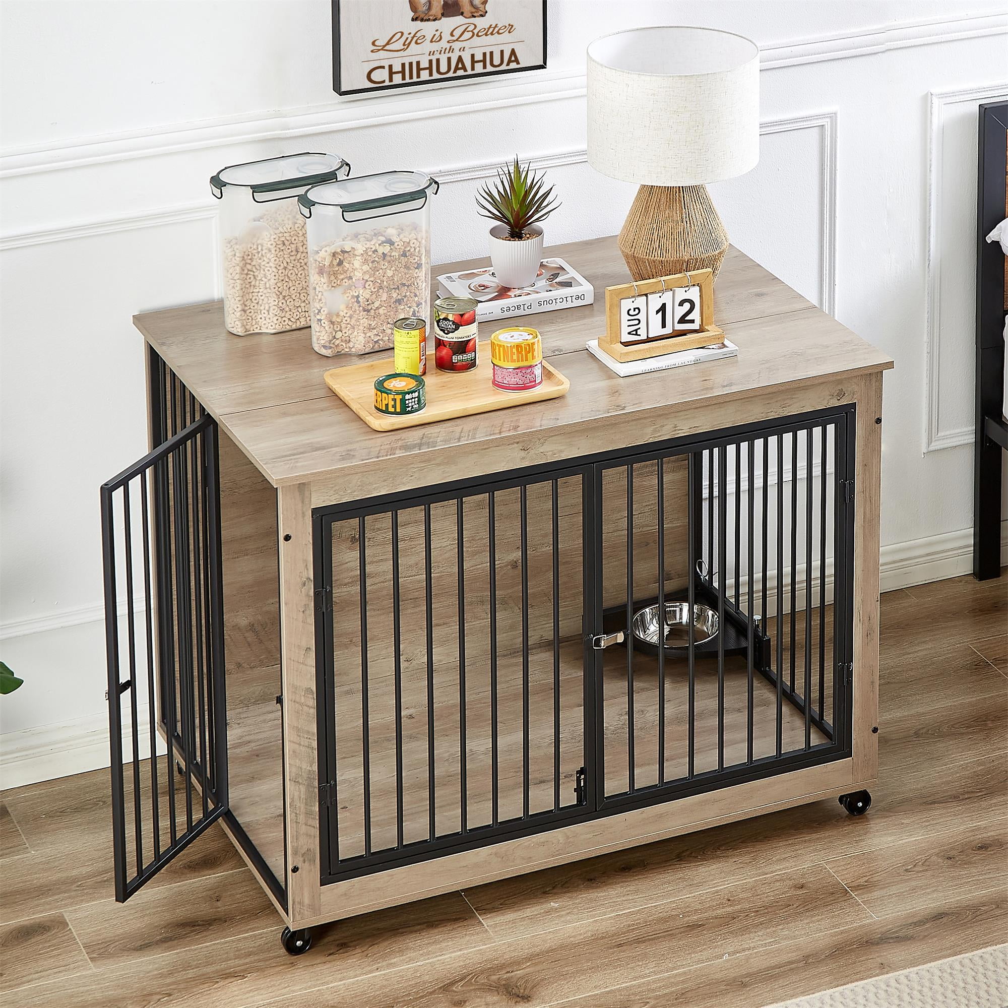 Pefilos 43" Furniture Style Dog Crate with Rotatable Feeding Bowl, Wheels, Three Doors Kennel, Indoor Dog Cage Flip-Up Top Opening, Gray Pefilos 43" Furniture Style Dog Crate with Rotatable Feeding Bowl, Wheels, Three Doors Kennel, Indoor Dog Cage Flip-Up Top Opening, Gray