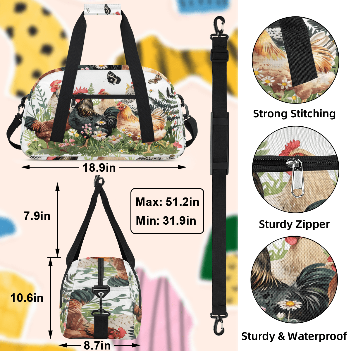 Herdesigns Funny Roosters Chickens Sports Duffle Bag for Women & Men, Gym Bag Dance Bag Overnight Bag Carry On Weekender Travel Bag