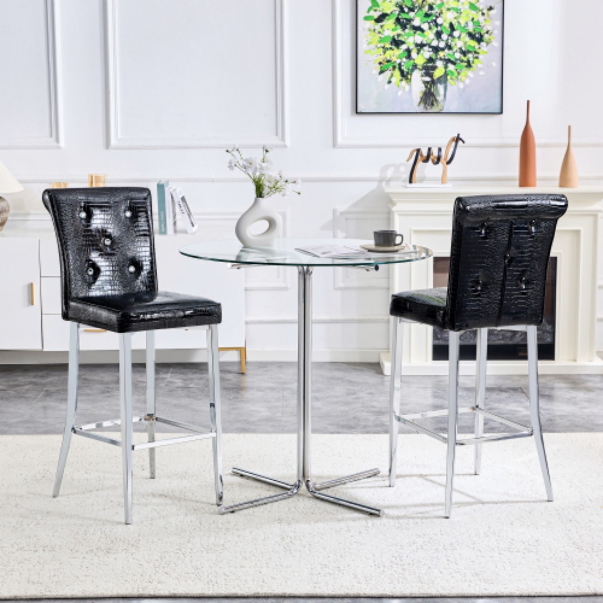 Set of 2 Vintage Bar Chairs, Faux Crocodile Leather Upholstered Stools with Crystal Button Details, Adjustable Feet for Kitchen Island & Bar, Black & Silver