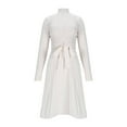 thumbnail image 5 of Womens Dressy Casual Sweater Dress with Belt Mock Crew Neck Long Sleeve Ribbed Knit Flowy A-Line Midi Dress (XL, White), 5 of 7