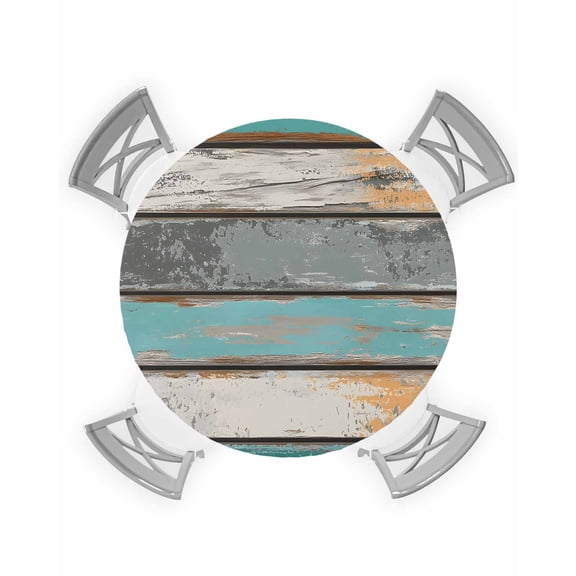nqOlkjepod Farmhouse Teal Orange Round Tablecloth, Fitted Table Cover with Elastic for 55"-60" Round Tables, Country Vintage Wooden Table Cloth Outdoor Indoor Dinning Party Waterproof Tablecloths