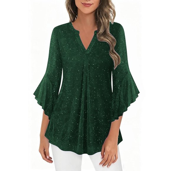 BLVB Womens 3/4 Ruffle Sleeve Tops Dressy Casual Blouse Chiffon V Neck Evening Party Night out Wedding Cocktail Shirt