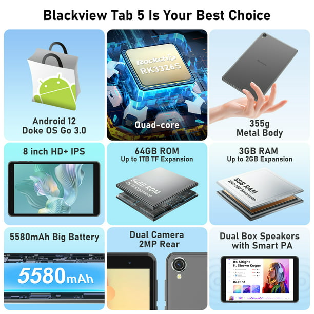 Escándalo Distinción Clip mariposa Blackview 8" Android Tablet 64GB ROM 3GB RAM 5580mAh Android 12 Wifi  Computers Tablet for Kids, Tab 5, Gray - Walmart.com