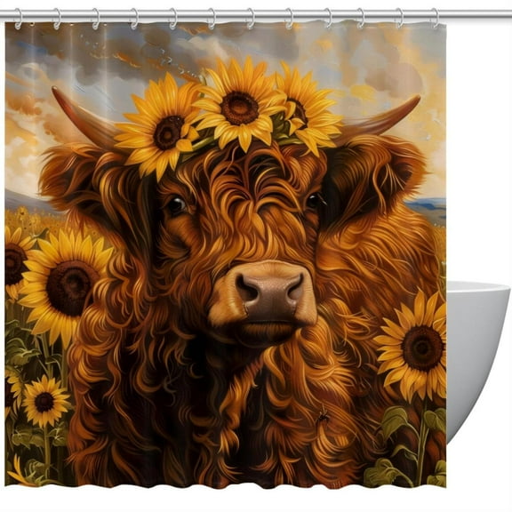 Sunflower Highland Cow Shower Curtain Sets, Shower Curtain for Bathroom, Durable Waterproof Washable Bath Curtain with Hooks, 60X72in