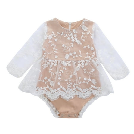 

Qiylii Baby Girl’s Bodysuit Solid Color Long Sleeve Romper Stitching Lace Dress