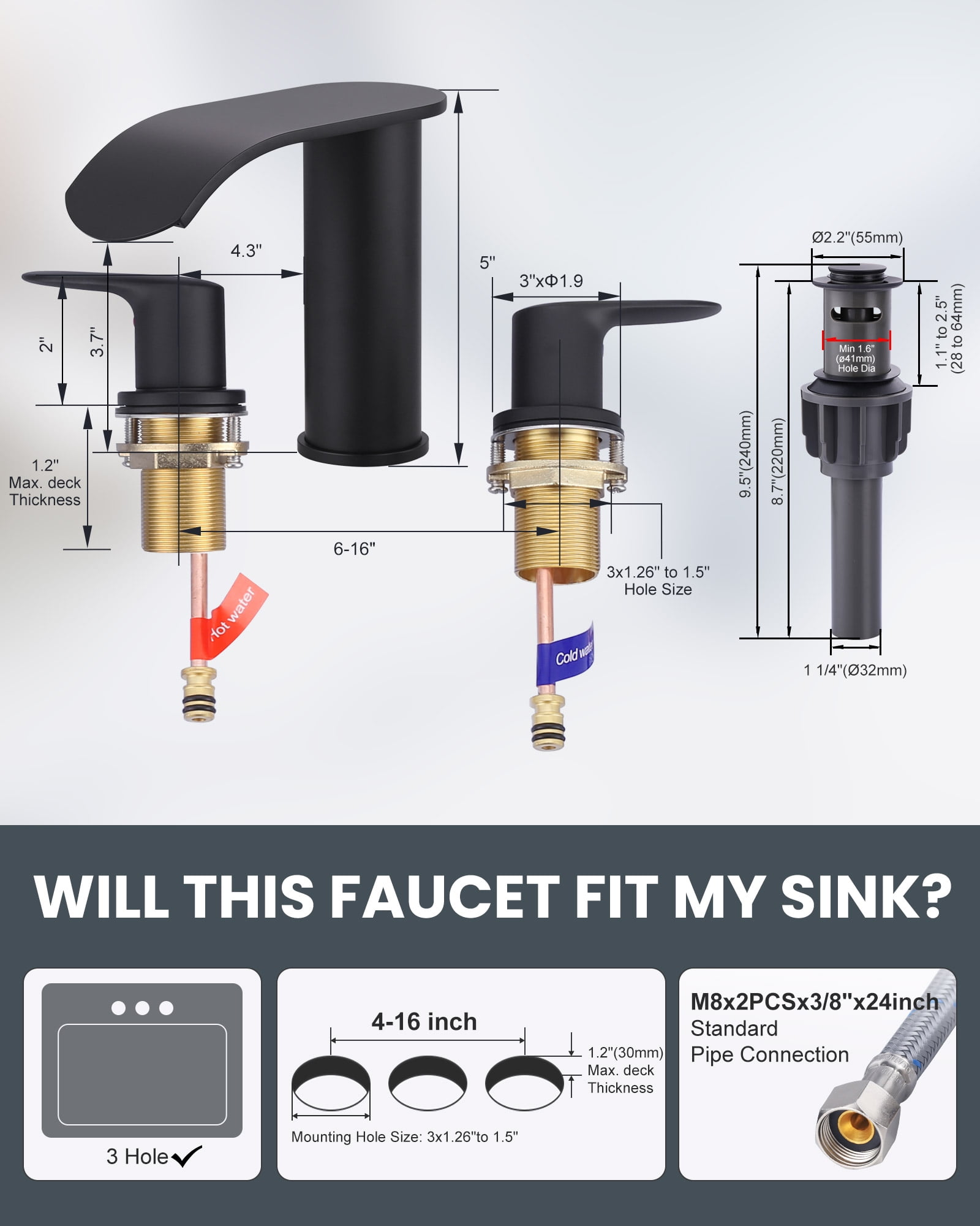 WOWOW Waterfall Bathroom Faucet 3 Holes 8Inch Widespread Bathroom Sink Faucet