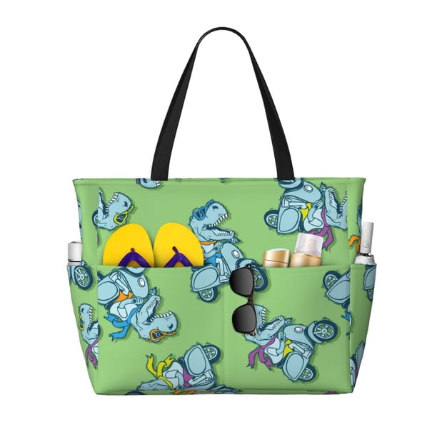 Disketp Motorcycle Riding Dinosaur Bolsa de Playa de Gran Capacidad, Bolso Impermeable y a Prueba de Arena para Mujer, Ideal para Playa, Piscina y Natación