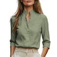 thumbnail image 2 of VBVC Women's Linen Stand Collar V Neck Blouse, Ladies' Long Sleeve Work Shirt, Elegant Office Top For Women, Green , S-2XL, 2 of 7
