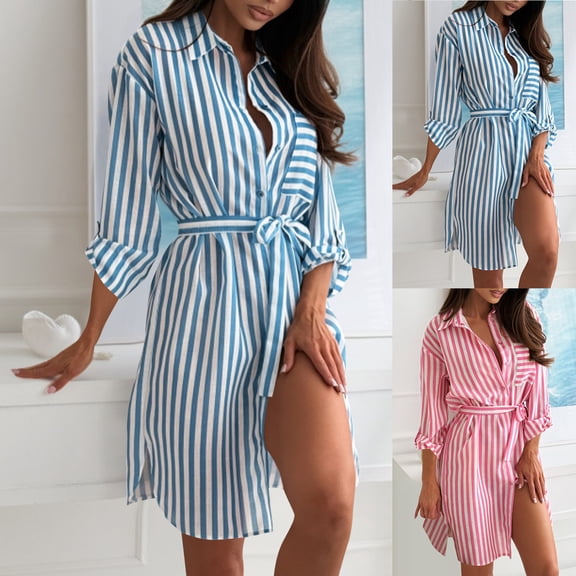 YHAJDS Women's Fall Winter Casual dress,Women's Dresses Casual Long Sleeve Dresses for Women Solid Color Lapel Loose Belted 7-Sleeve Midi Dress