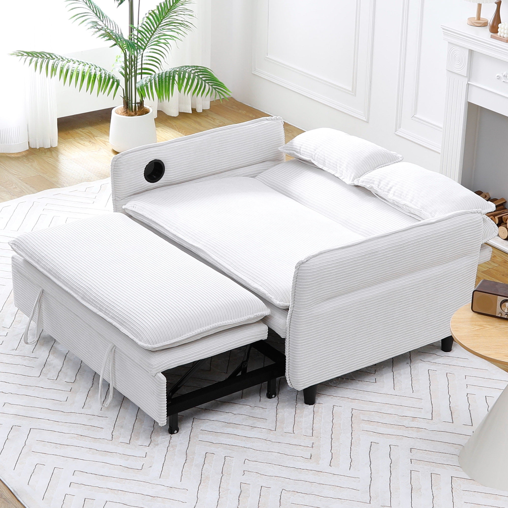 3-in-1 Convertible Sofa Bed,Modern Corduroy Sleeper Sofa with Pull Out Bed,Loveseat Couch with Adjustable Armrest for Living Room,Beige