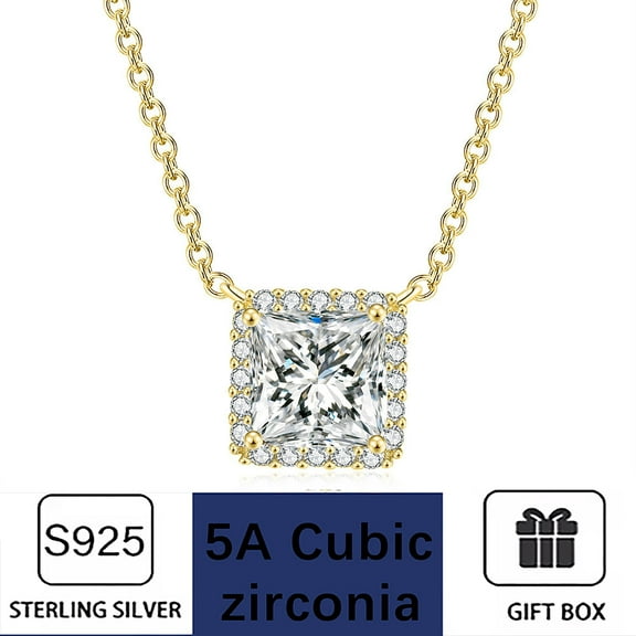 14K Gold Plated Post Faux Diamond square Solitaire Pendant Halo Necklace | Gold Necklace for Women | Slider Adjustable