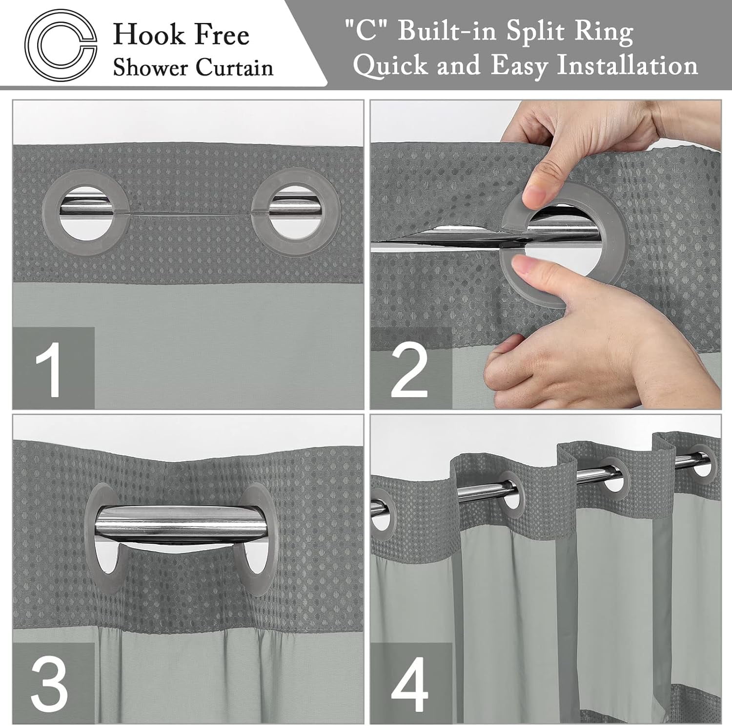 Zrodlmo No Hook Fabric Shower Curtain with Snap Lining, Waffle Waterproof and Mildew Resistant Bathroom Curtain, 72" x 74", Gray