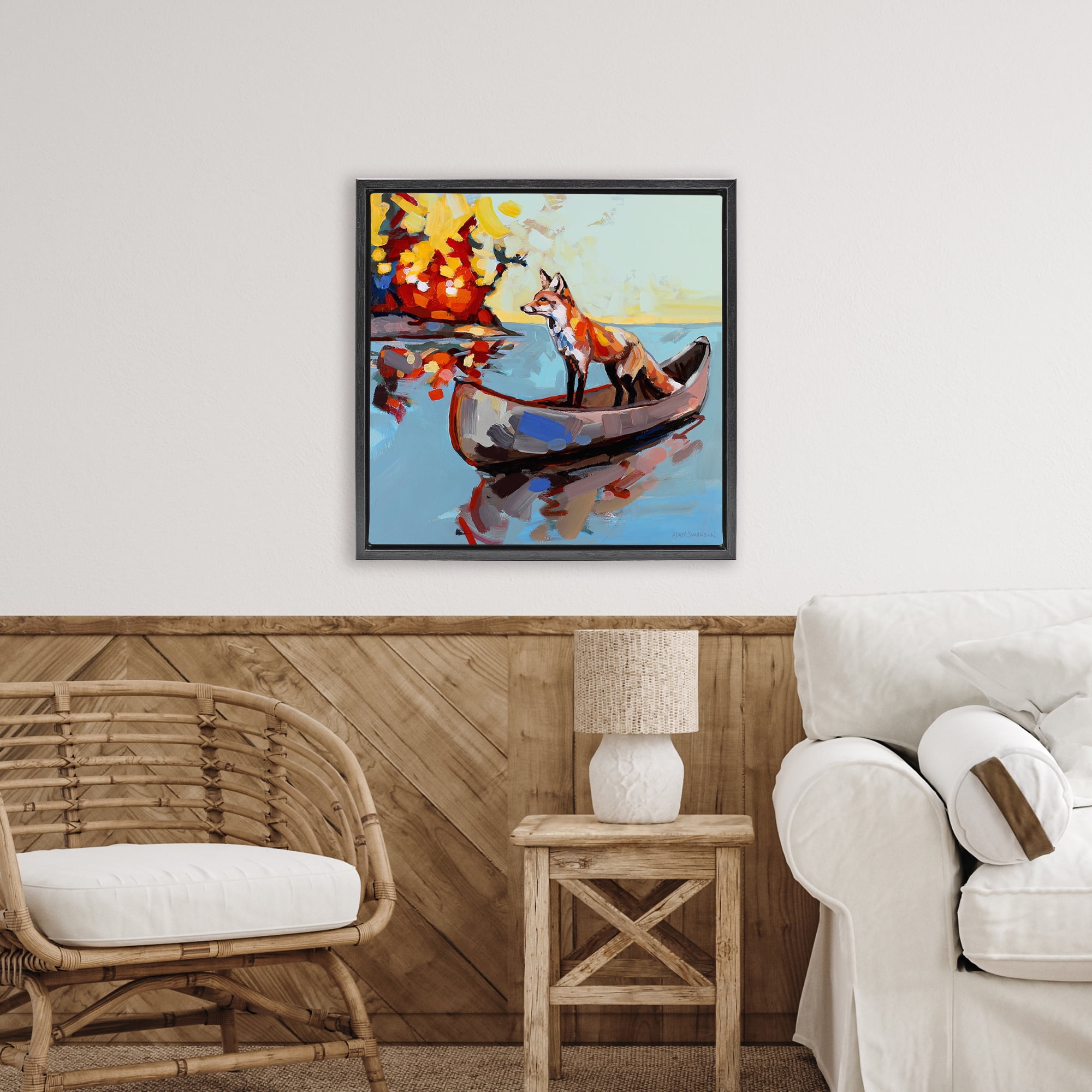 Fox's Voyage on Canoe Black Framed Floater Canvas Wall Art, design by Adam Swanson