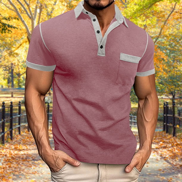 Blusa y camisa de manga corta con cuello vuelto para hombre, estilo casual, de color liso, con solapa, mangas, cuello redondo, botones y bolsillo.