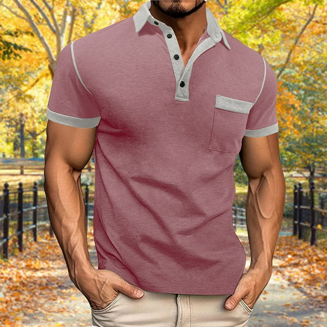 Golf Shirts for Men with Pocket Short Sleeve T-Shirts Men Casual Color-Block Pullover Button Collared Breathable Athletic Workout Tees Tops