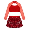 thumbnail image 3 of YONGHS Girls Sequins Jazz Hip Hop Dance Performance Outfits Crop Top with Tiered Skirted Shorts Set Red 8, 3 of 5