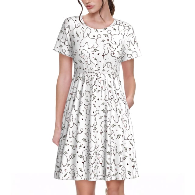 Bixox Robe d'Été à Manches Courtes pour Femmes Robe Ample Longueur Genou avec Poches-Chien Caniche