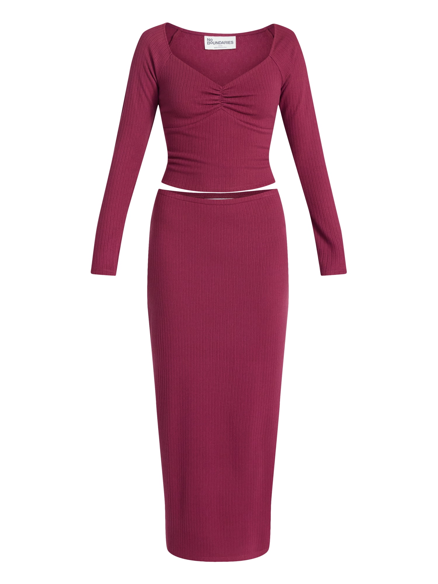 No Boundaries Long Sleeve Ruched Front Top and Maxi Skirt Set, 2-Piece, Women's XXS-XXL