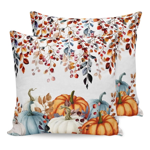 Pillow Covers 16x16 Set of 2, Pumpkins Fall Throw Pillow Covers Decorative Couch Cushion Cover, Thanksgiving Eucalyptus Leaves Farmhouse Microfiber Soft Square Pillowcases for Bedroom Living Room