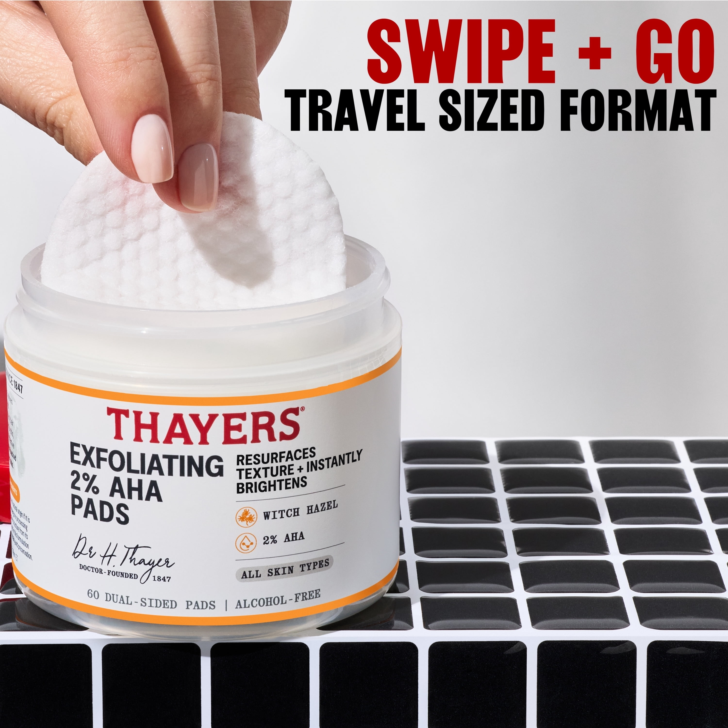 THAYERS Exfoliating 2% AHA Toner Pads, Dual-Sided Exfoliating Pads with Witch Hazel, Glycolic Acid, Lactic Acid to Resurface Skin Texture and Instantly Brighten, For All Skin Types, 60 Count
