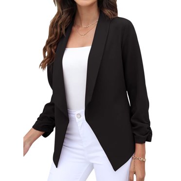 Women 3/4 Sleeve Office Cropped Blazer Lapel Open Front Fitted Cardigan ...
