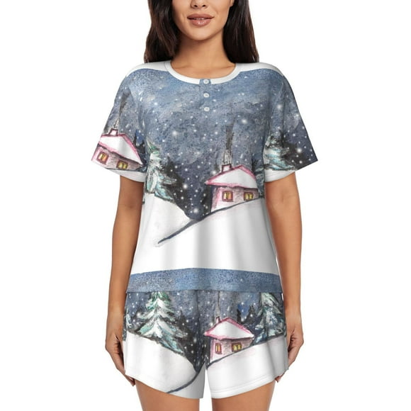 Balery Watercolor Winter Landscape For Christmas Conjunto de Pijama para Mujer con Estampado, Dos Piezas de Manga Corta y Shorts, Ropa de Dormir Suave con Cuello Redondo y Bolsillos-Small