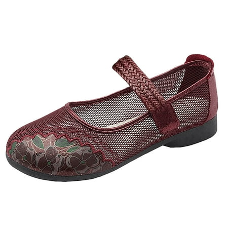 

SEMIMAY Women s Leisure Four Seasons Embroid Non Slip Square Heels Round Toe Breathable Slip On Lazy Mesh Shoes