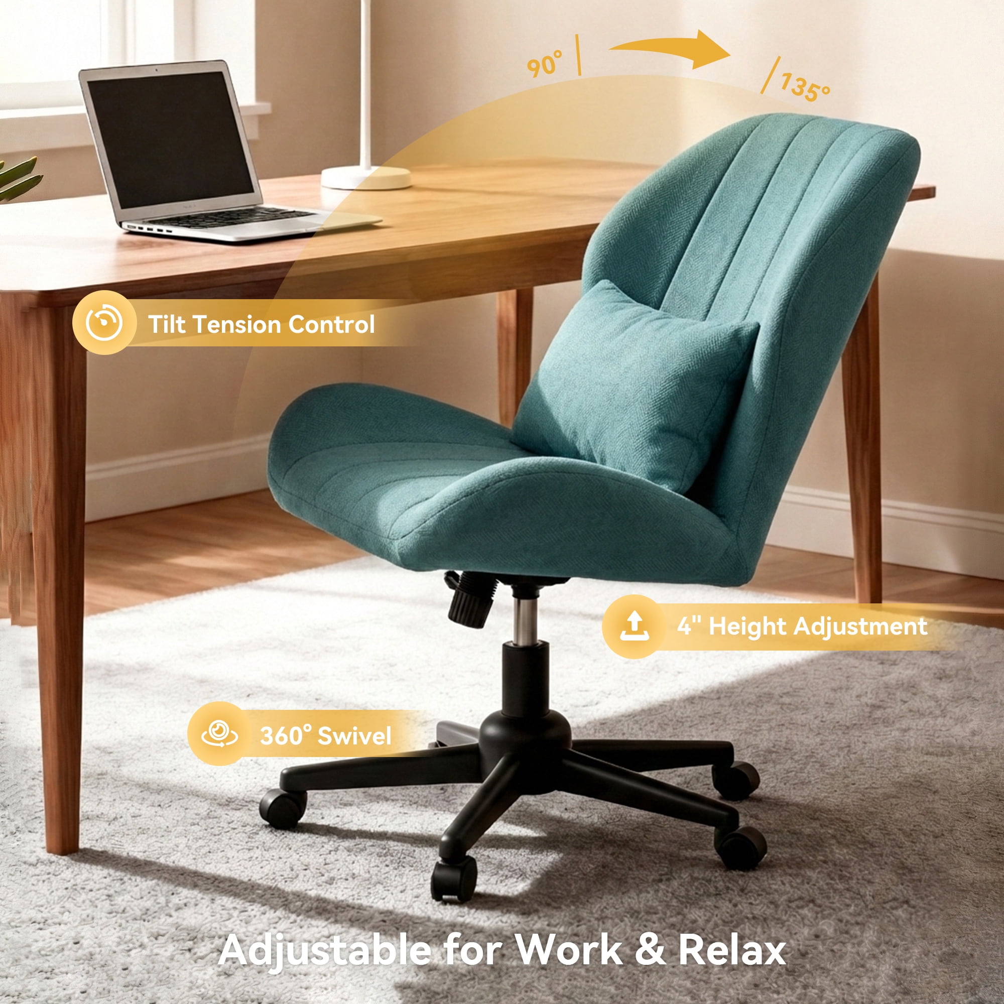 YIKEMA High Back Armless Rolling Office Chair, Wide Ergonomic Seat, Blue